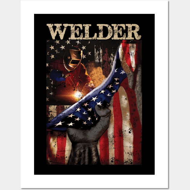 Welder American Flag Patriotic Wall Art by Colorful Beach Sunset